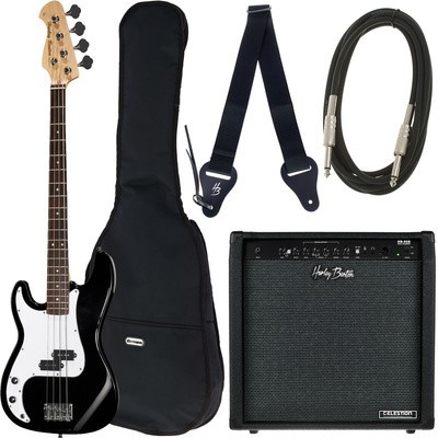 Conjunto baixo elétrico preto, capa, correia, cabo e amplificador