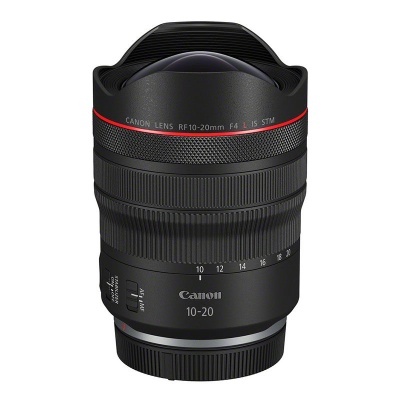 Objetiva Canon preta com anel vermelho e texto branco RF 10-20mm F4 L IS STM