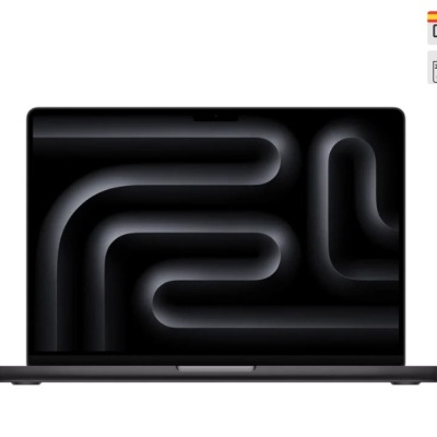 Computador portátil preto com ecrã abstrato, fundo branco e ícone de teclado espanhol