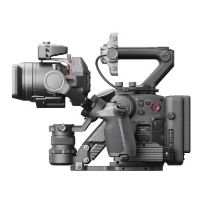 Câmara de vídeo profissional cinzenta com lente amovível e pega superior