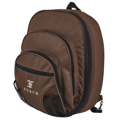 Mochila castanha de três compartimentos com fechos pretos e logótipo FÜRCH branco