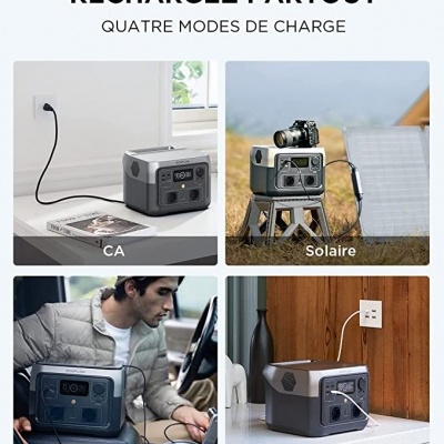 Estações portáteis de carregamento cinzentas em diferentes modos: tomada, solar, veículo e Type-C