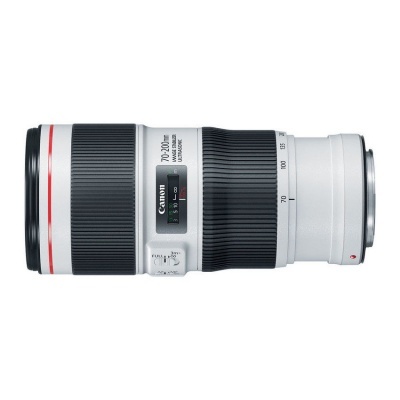 Objetiva Canon EF 70-200mm f/2.8L IS II USM branca e preta com anel vermelho