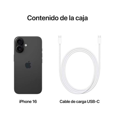 iPhone 16 preto e cabo de carga USB-C branco, texto 'Contenido de la caja'