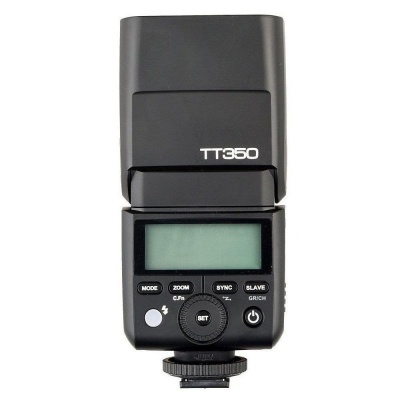 Flash de câmera fotográfica TT350 preto com visor digital e botões