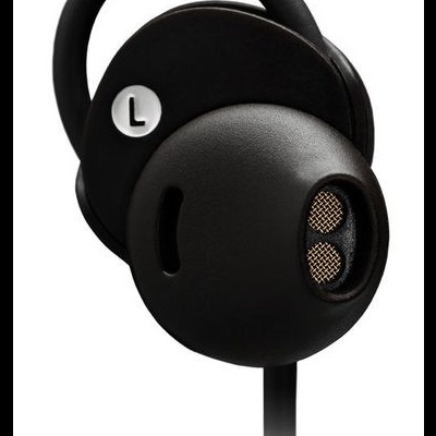 Auricular preto com gancho e almofada arredondada com letra L e detalhes em malha dourada