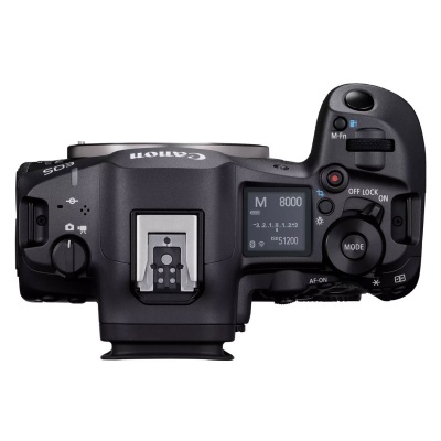 Vista superior de câmara Canon preta com ecrã digital e botões