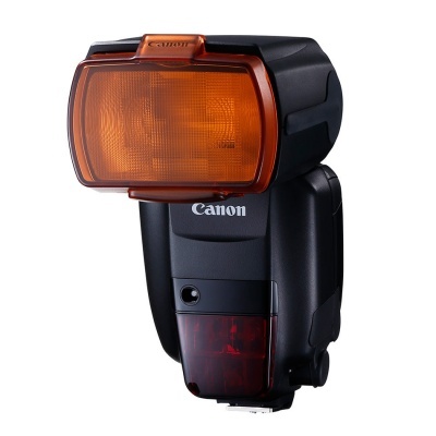 Flash Canon preto para câmeras fotográficas com difusor laranja