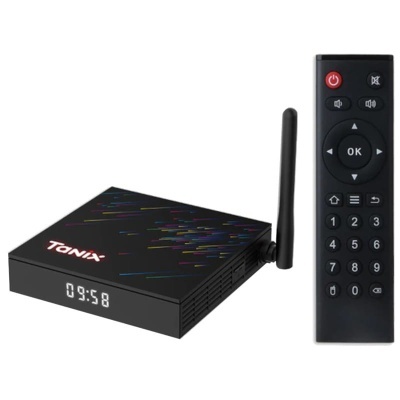 TV box preto Tonix com visor digital e comando preto com botões