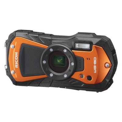 Câmara digital Ricoh WG-60 preto e laranja com lente e LEDs