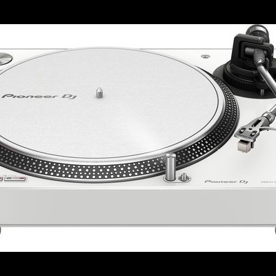 Gira-discos branco Pioneer DJ com prato prateado e braço preto