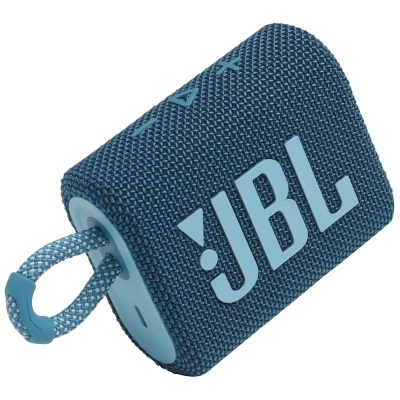 Coluna portátil JBL azul com textura têxtil e alça lateral