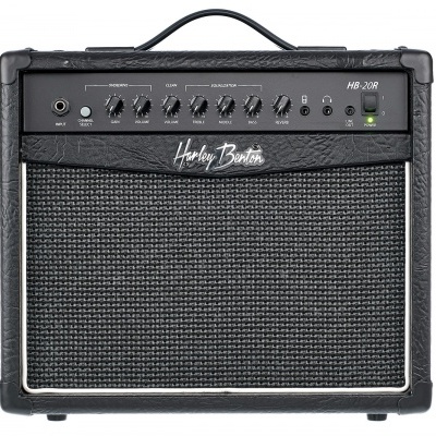 Amplificador de guitarra Harley Benton preto com painel de controlo e grelha frontal tecido