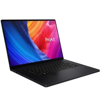 Computador portátil preto com ecrã aberto e texto ProArt no ecrã