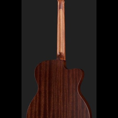 Guitarra acústica de madeira castanha escura vista de trás