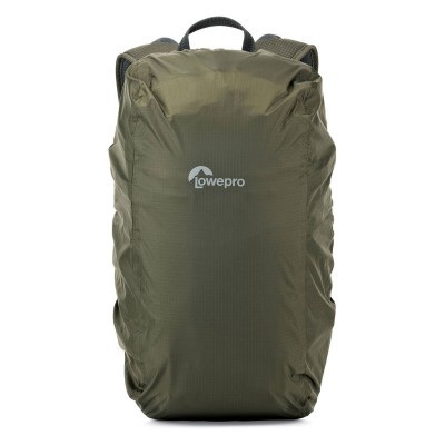 Mochila Lowepro verde-oliva com alças pretas e logo branco