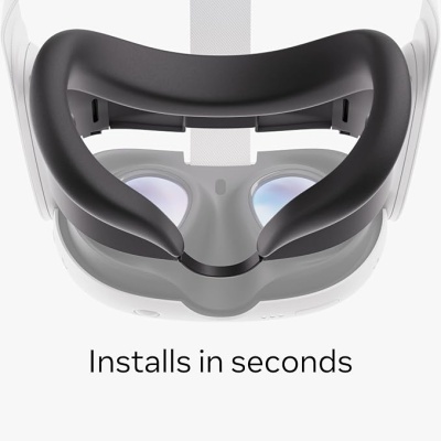 Óculos VR branco e preto com texto 'Installs in seconds'
