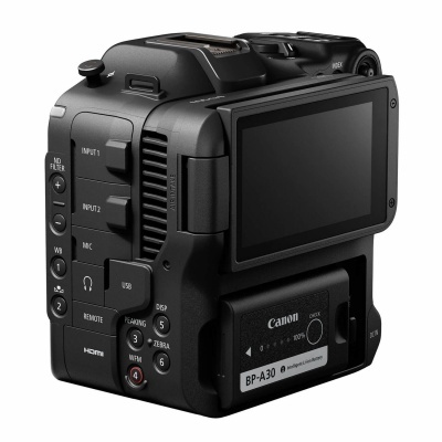 Câmara de vídeo Canon preta com ecrã LCD articulado e bateria BP-A30