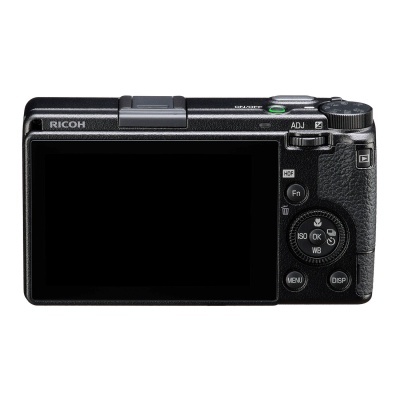 Câmara digital Ricoh preta vista de trás com ecrã e botões