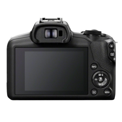 Parte traseira de câmara fotográfica digital preta com ecrã LCD e botões