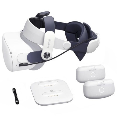 Conjunto de realidade virtual branco com dispositivos pequenos e base de carregamento