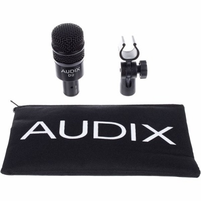 Microfone AUDIX D2 preto com suporte e estojo com logo AUDIX