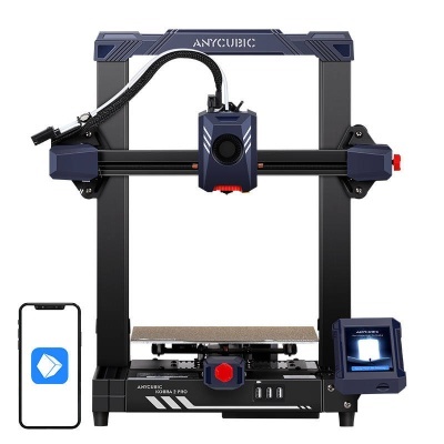 Impressora 3D Anycubic Kobra 2 Pro preta com ecrã tátil e telemóvel ao lado.