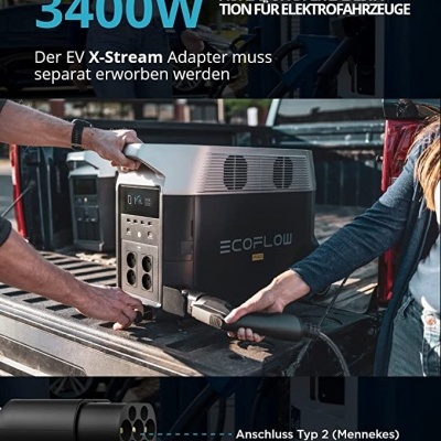 Estação de carregamento portátil EcoFlow cinzenta com texto em alemão e conexão elétrica