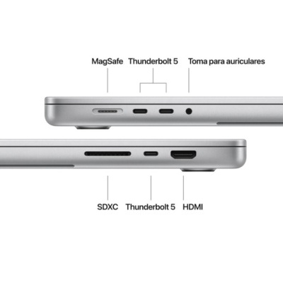 Portátil prateado visto lateralmente com várias portas rotuladas