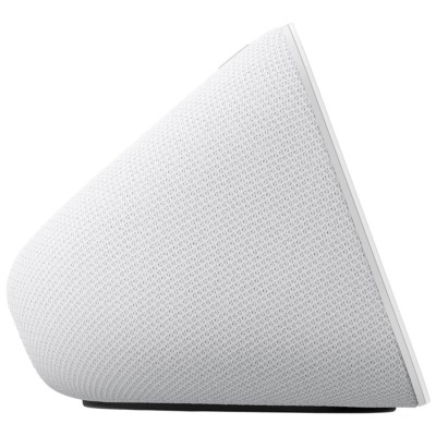 Coluna de som inteligente branca triangular com textura de malha