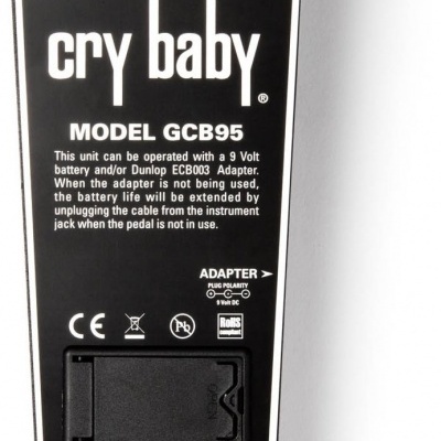 Pedal guitarra Cry Baby GCB95 preto com texto branco e informações técnicas