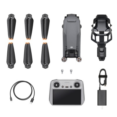 Drone DJI cinzento com acessórios incluindo hélices, comando e carregador