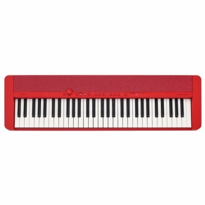 Piano digital vermelho com teclado de 61 teclas e botões superiores