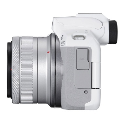 Câmara fotográfica digital Canon EOS branca com lente prateada lateral