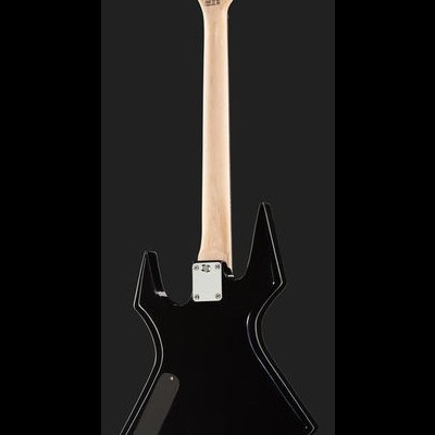 guitarra elétrica negra com braço de madeira clara e formato angular