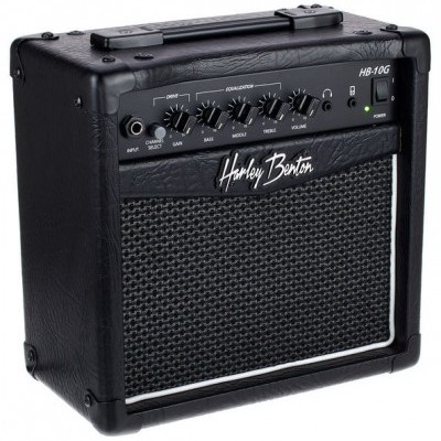 Amplificador de guitarra elétrico preto Harley Benton HB-10G com painel de botões e grelha frontal