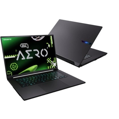 Dois portáteis GIGABYTE AERO pretos, um aberto com ecrã e teclado iluminado, outro fechado visto de trás.