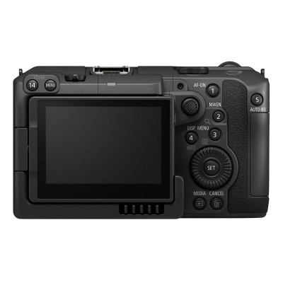 Traseira de câmara digital preta com ecrã LCD e vários botões de controlo