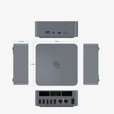 Dispositivo eletrônico cinza com várias portas e dimensões indicadas