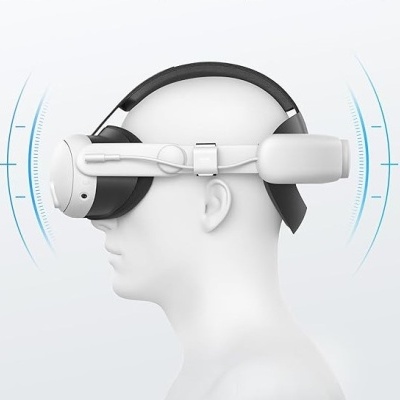 Óculos realidade virtual brancos com tiras pretas numa cabeça branca