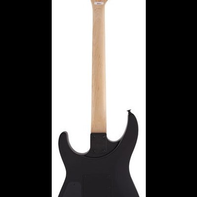 Guitarra elétrica preta vista de trás com braço de madeira clara