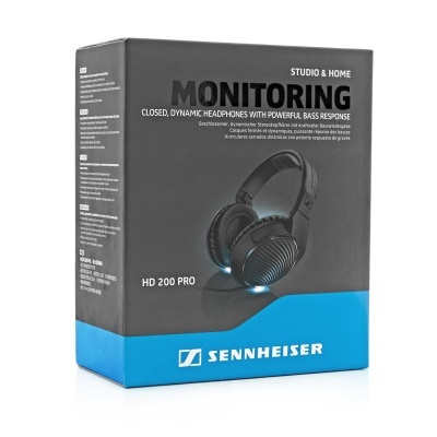 Embalagem de auscultadores Sennheiser HD 200 PRO preta e azul
