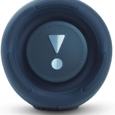 Dispositivo redondo azul escuro com símbolo de exclamação branco no centro