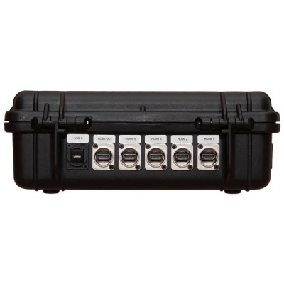 caixa preta robusta com portas HDMI e USB-C etiquetadas
