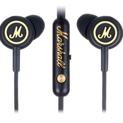 Auriculares intra-auriculares pretos com detalhes dourados