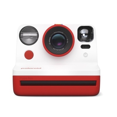 Câmara instantânea Polaroid branca e vermelha com lente e flash
