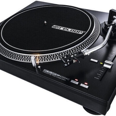 Toca-discos preto com agulha e botões