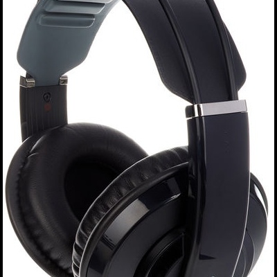 Auriculares pretos com cobertura acolchoada e faixa ajustável cinzenta