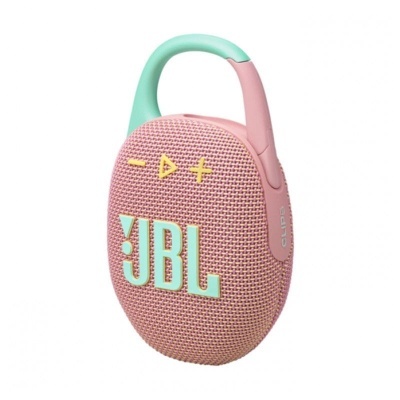 Coluna portátil JBL rosa com gancho verde e logótipo destacado