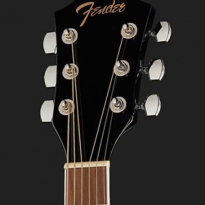 Cabeça de guitarra acústica Fender preta com cravelhas cromadas e cordas